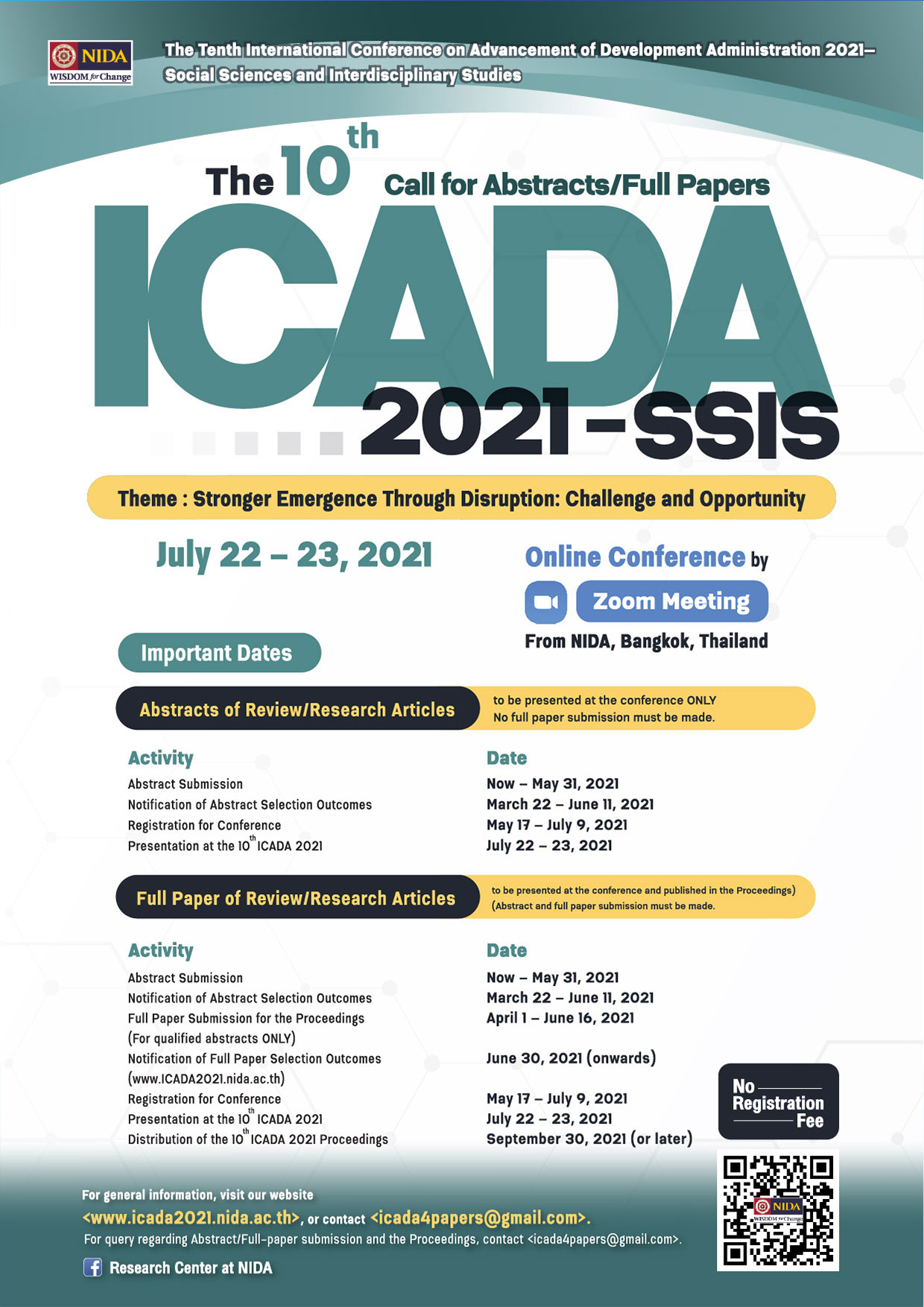 ขอเชิญเข้าร่วมรับฟังการนำเสนอผลงานในงานประชุมวิชาการระดับนานาชาติ The Tenth International Conference on Advancement of Development Administration 2021—Social Sciences and Interdisciplinary Studies (the 10th ICADA 2021—SSIS) (the 10th ICADA 2021—SSIS)