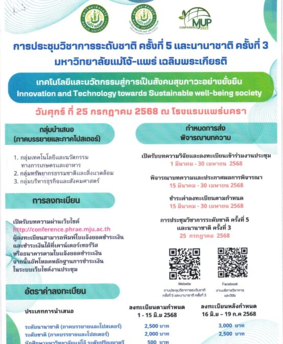 ขอเชิญเข้าร่วมการประชุมวิชาการระดับชาติ ครั้งที่ 5 และนานาชาติ ครั้งที่ 3 มหาวิทยาลัยแม่โจ้-แพร่ เฉลิมพระเกียรติ