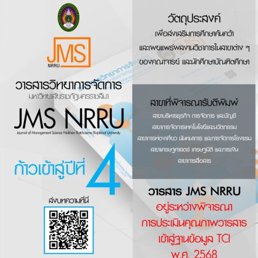 ขอเชิญชวนส่งบทความเพื่อตีพิมพ์ในวารสารวิทยาการจัดการ มหาวิทยาลัยราชภัฏนครราชสีมา JMS : NRRU