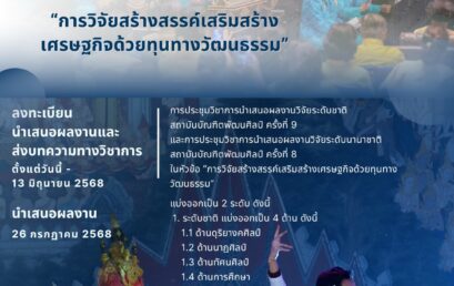 ขอเชิญส่งบทความวิจัยและบทความวิชาการในการประชุมวิชาการนำเสนอผลงานวิจัยระดับชาติสถาบันบัณฑิตพัฒนศิลป์ ครั้งที่ 9 และการประชุมวิชาการนำเสนอผลงานวิจัยระดับชาติสถาบันบัณฑิตพัฒนศิลป์ ครั้งที่ 8