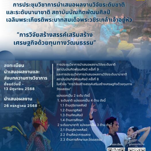 ขอเชิญส่งบทความวิจัยและบทความวิชาการในการประชุมวิชาการนำเสนอผลงานวิจัยระดับชาติสถาบันบัณฑิตพัฒนศิลป์ ครั้งที่ 9 และการประชุมวิชาการนำเสนอผลงานวิจัยระดับชาติสถาบันบัณฑิตพัฒนศิลป์ ครั้งที่ 8
